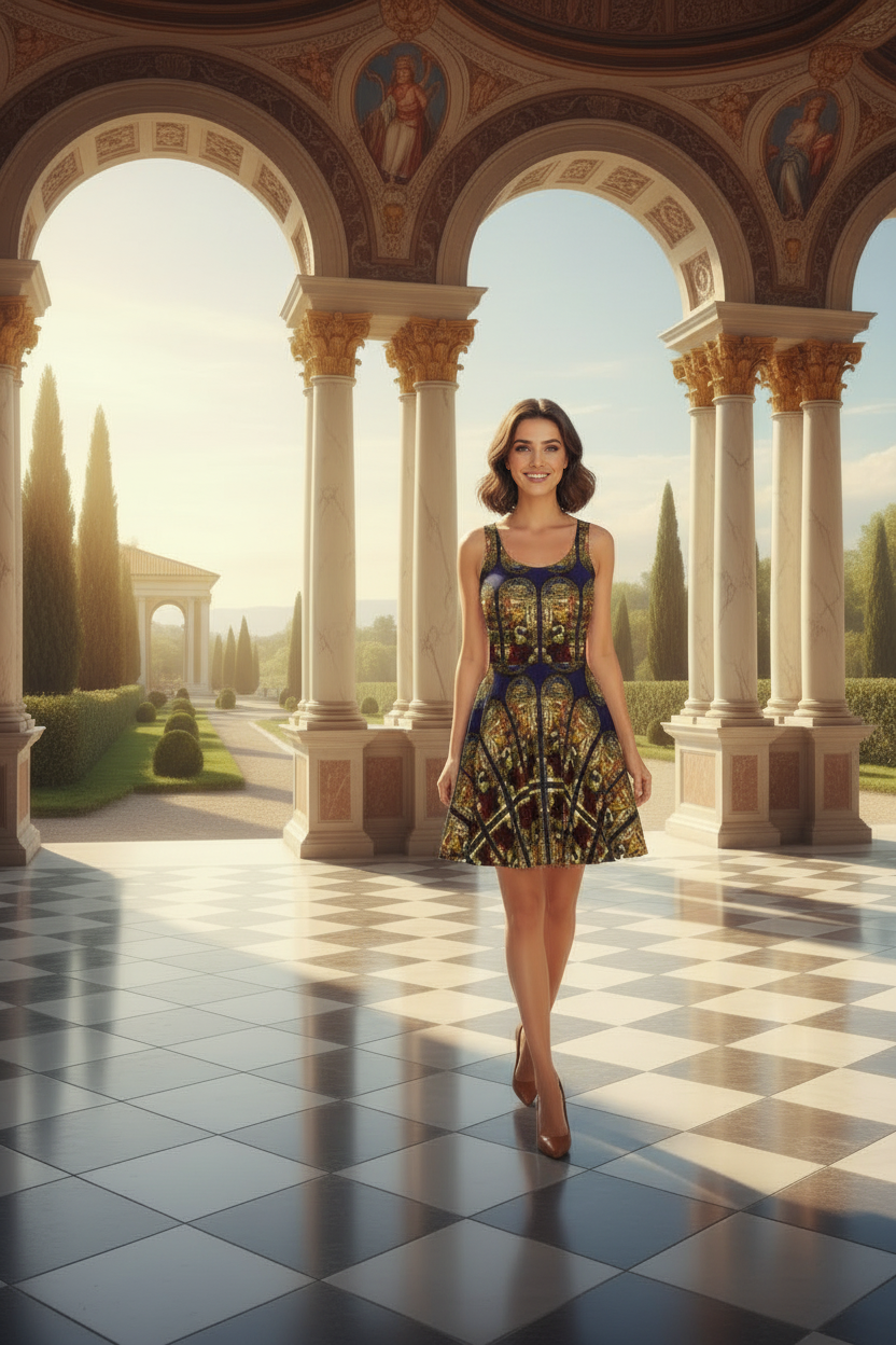 Model with short styled hair wearing The Angel of the Annunciation dress