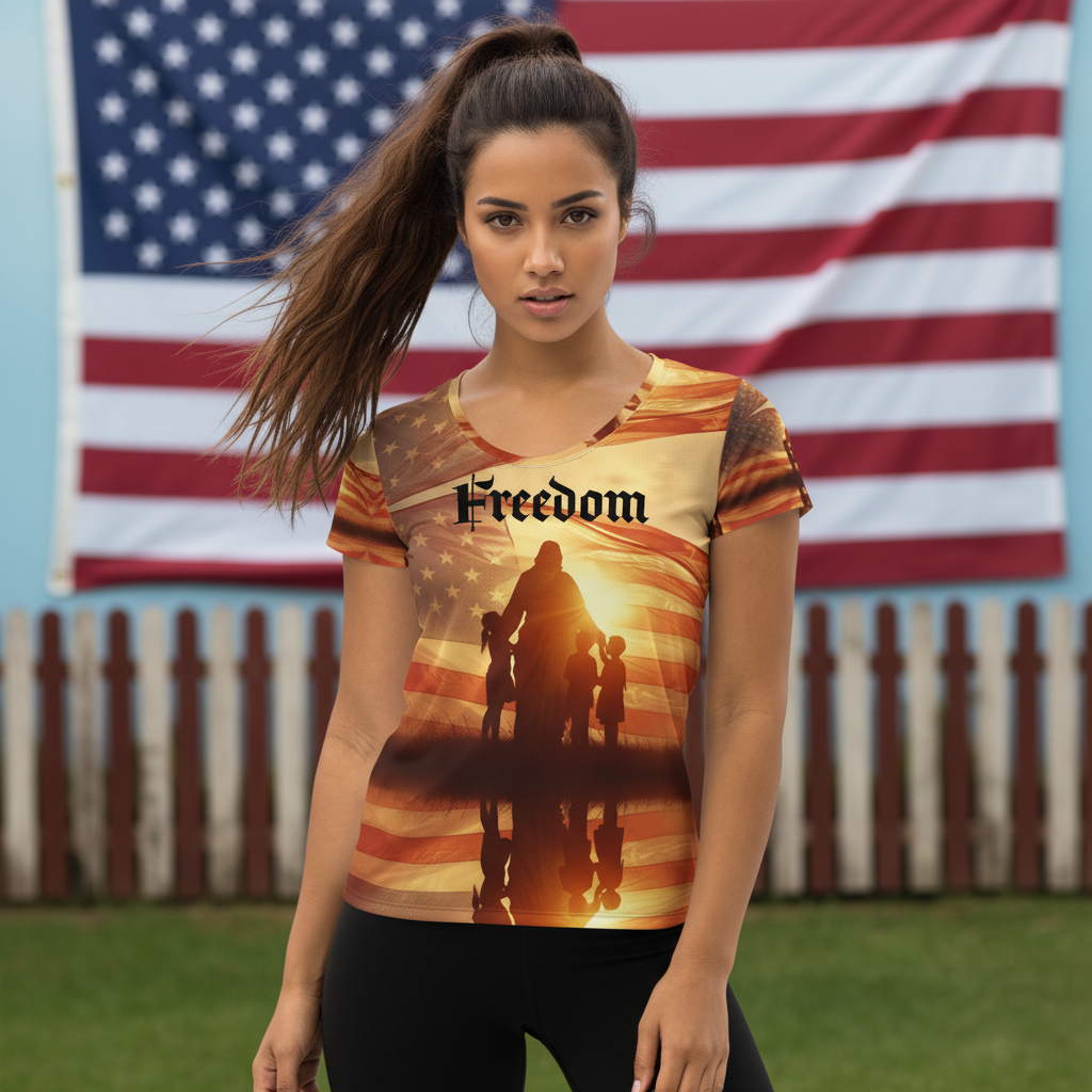 New model wearing Freedom shirt
