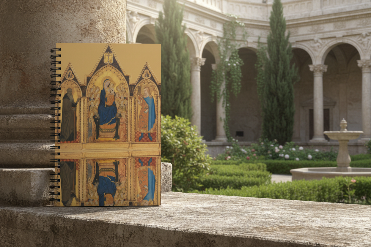 Notebook on left side in courtyard