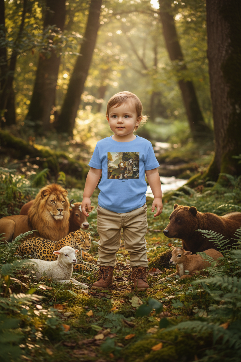 Older toddler in safari outfit with Peaceable Kingdom animals