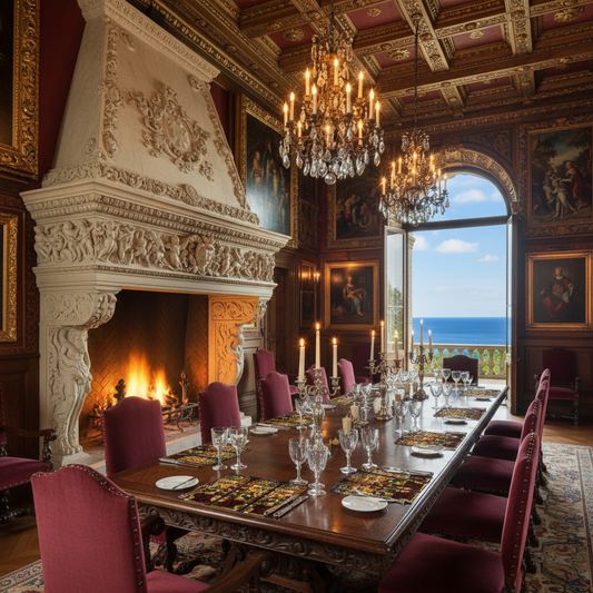 Open huge Renaissance dining room with Angel of the Annunciation placemats, ocean terrace view and huge fireplace