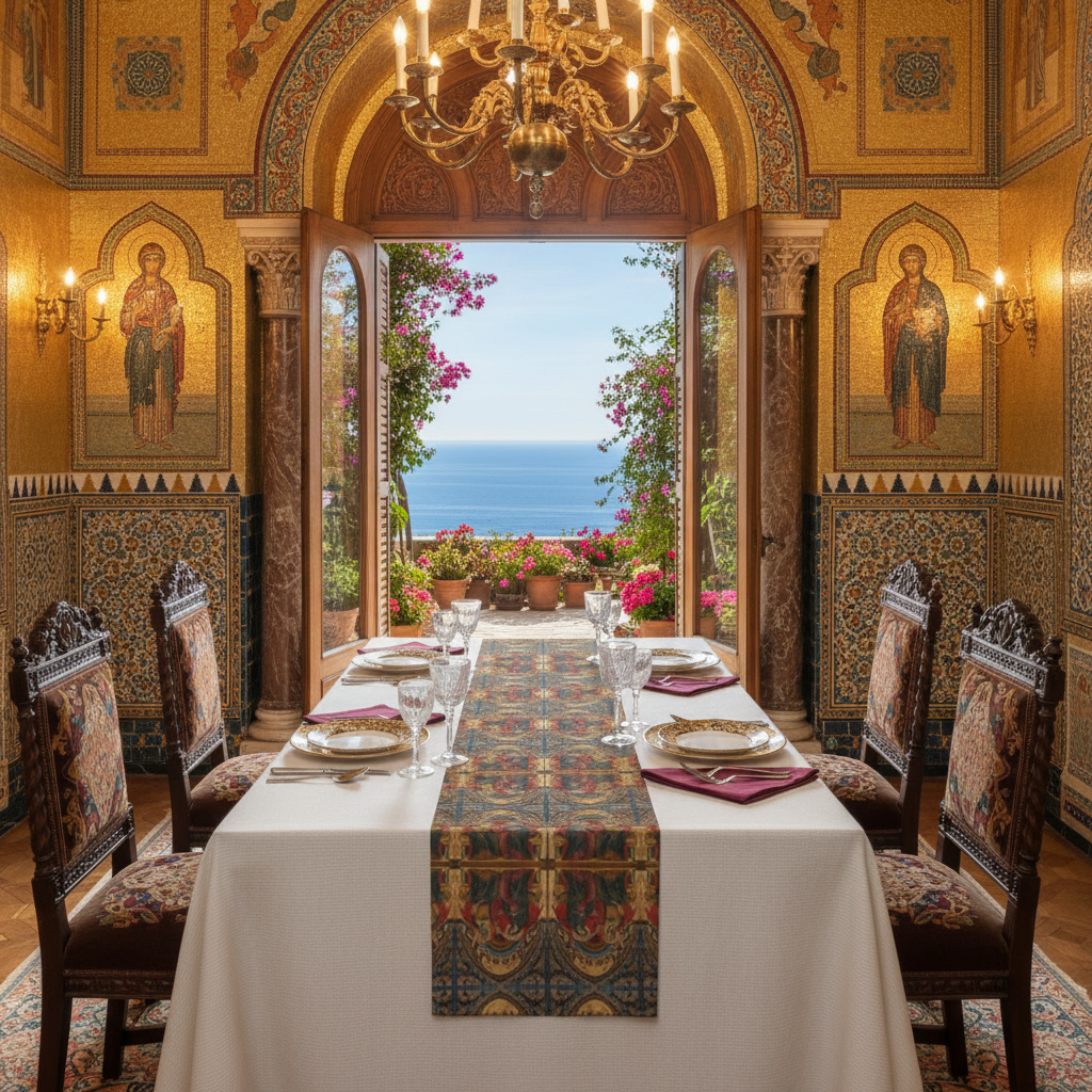 Ornate Byzantine dining room with open doors to terrace, flowers and ocean