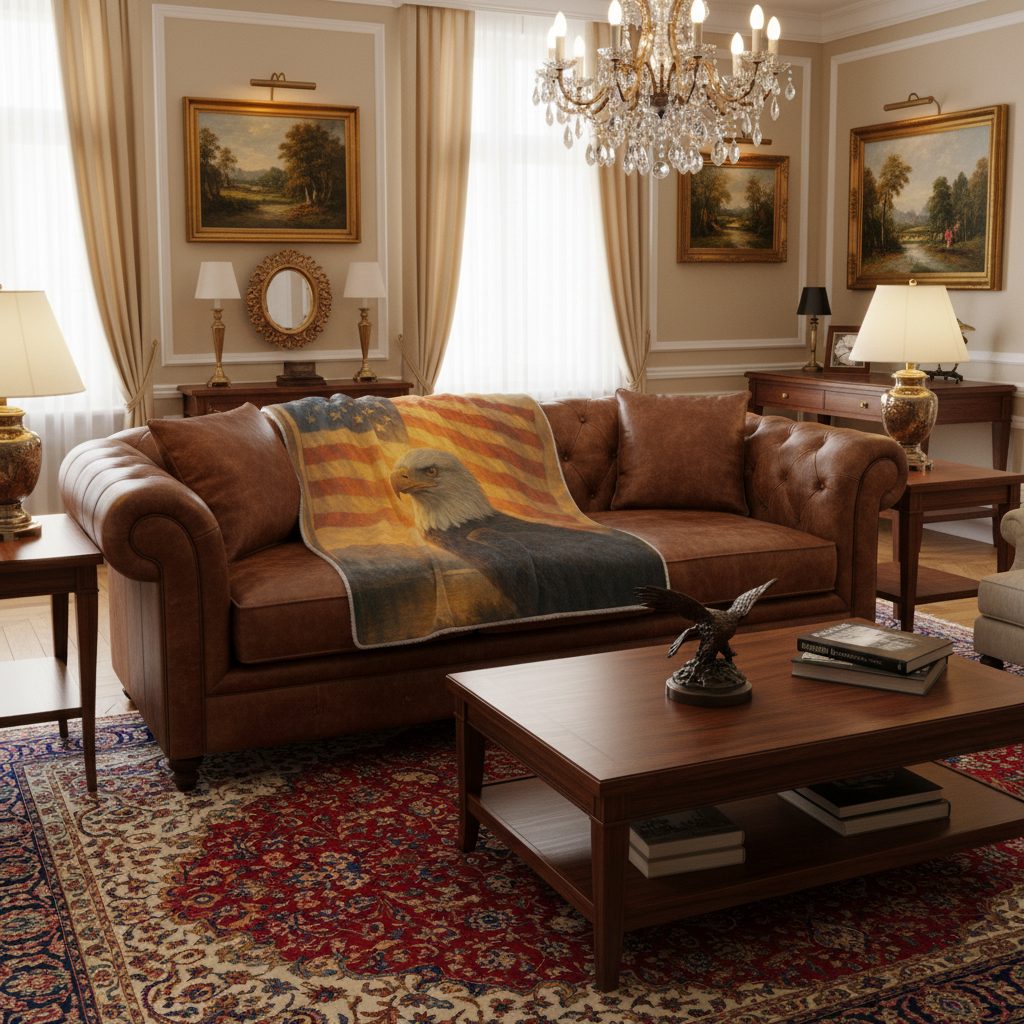 Patriotic Eagle throw blanket on leather sofa - new version