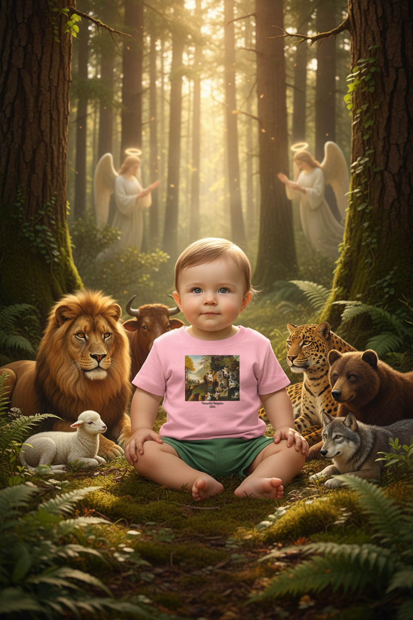 Photorealistic baby wearing Peaceable Kingdom t-shirt in forest with animals and angels
