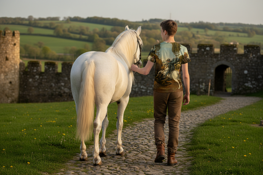 Photorealistic youth walking with white horse showing back of St. George shirt