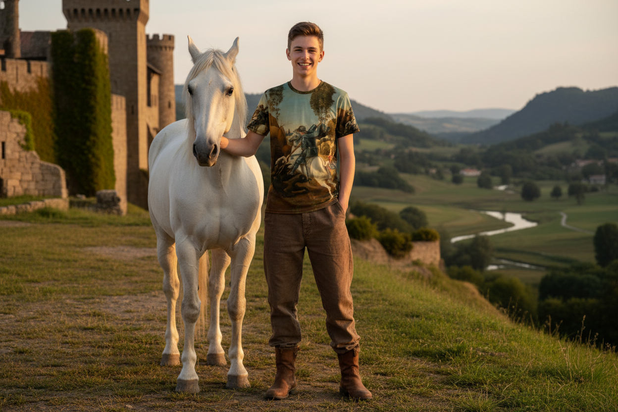 Photorealistic youth with white horse wearing St. George shirt