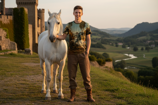 Photorealistic youth with white horse wearing St. George shirt