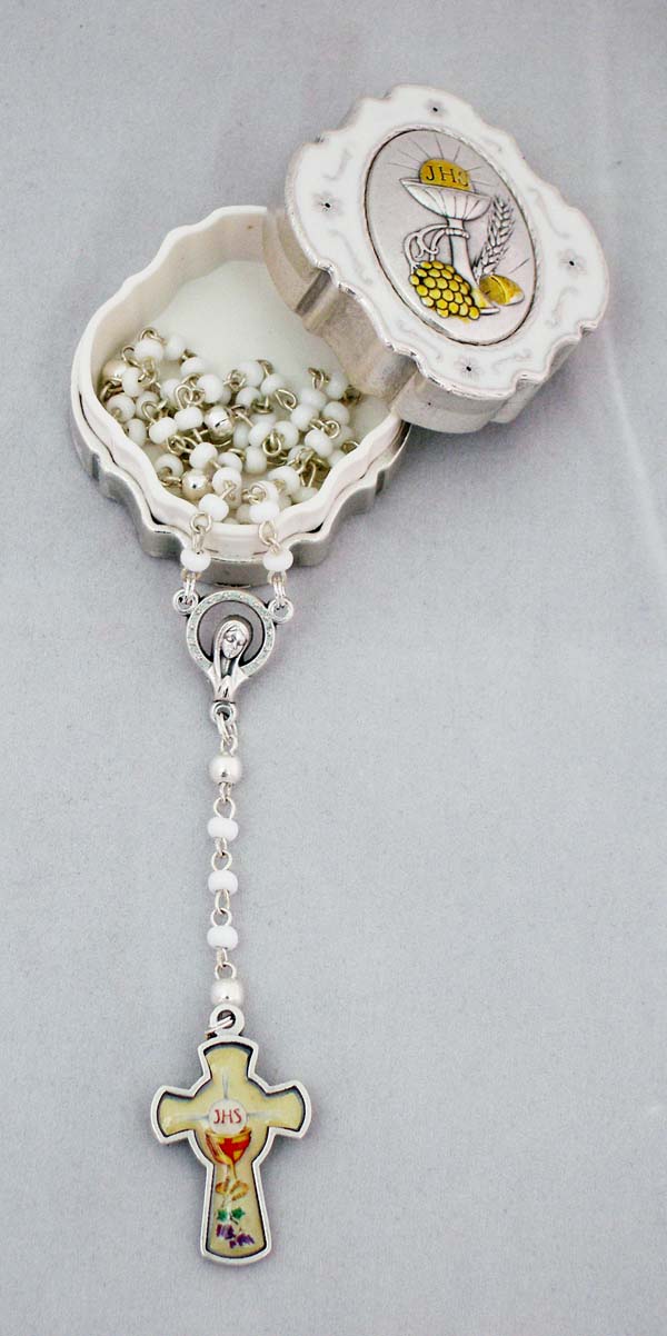 White Communion Box With White Rosary Glass Cross 10"