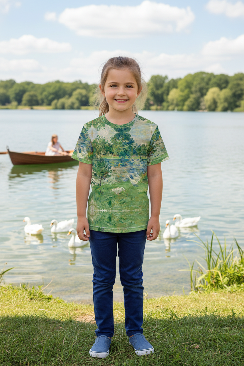 Pretty 5 year old girl in all-over print t-shirt with blue slacks and shoes at real lake with boat and geese