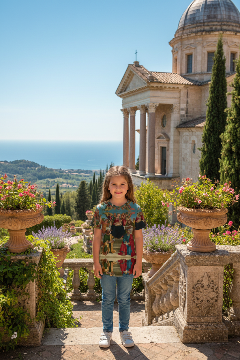 Pretty little girl wearing Madonna and Child with Saints and Angels all-over print t-shirt on garden terrace