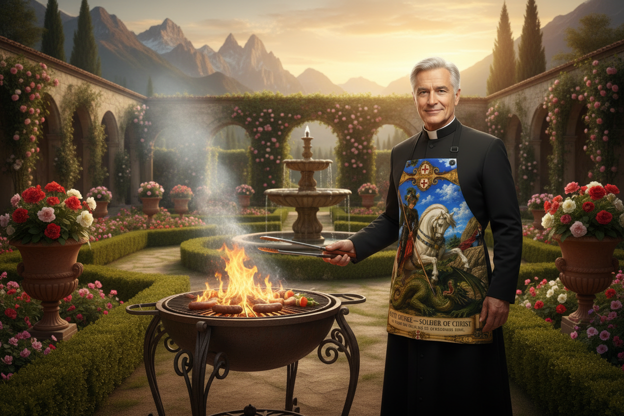 Priest Grilling in Renaissance Garden with Mountain Views