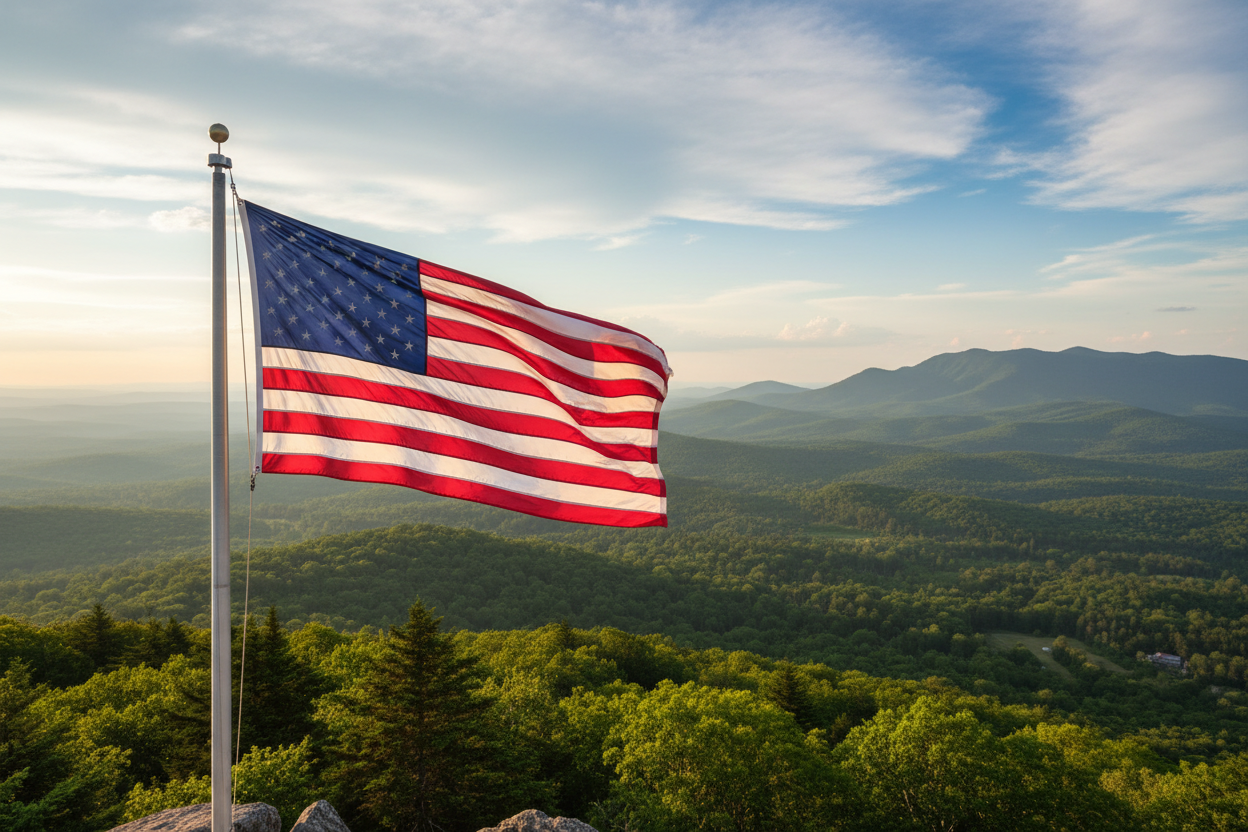 Pristine American flag with scenic background