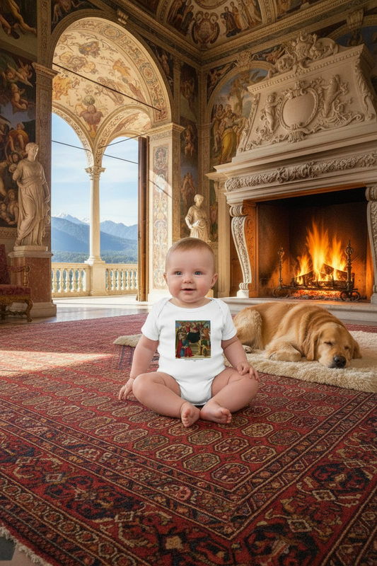 Realistic baby girl in Madonna and Child bodysuit with fireplace and sleeping dog