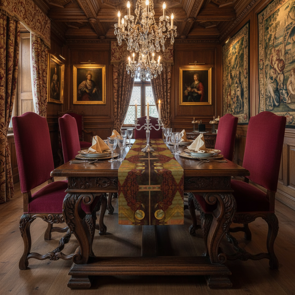 Renaissance dining room with Archangel Gabriel table runner on fully set antique table