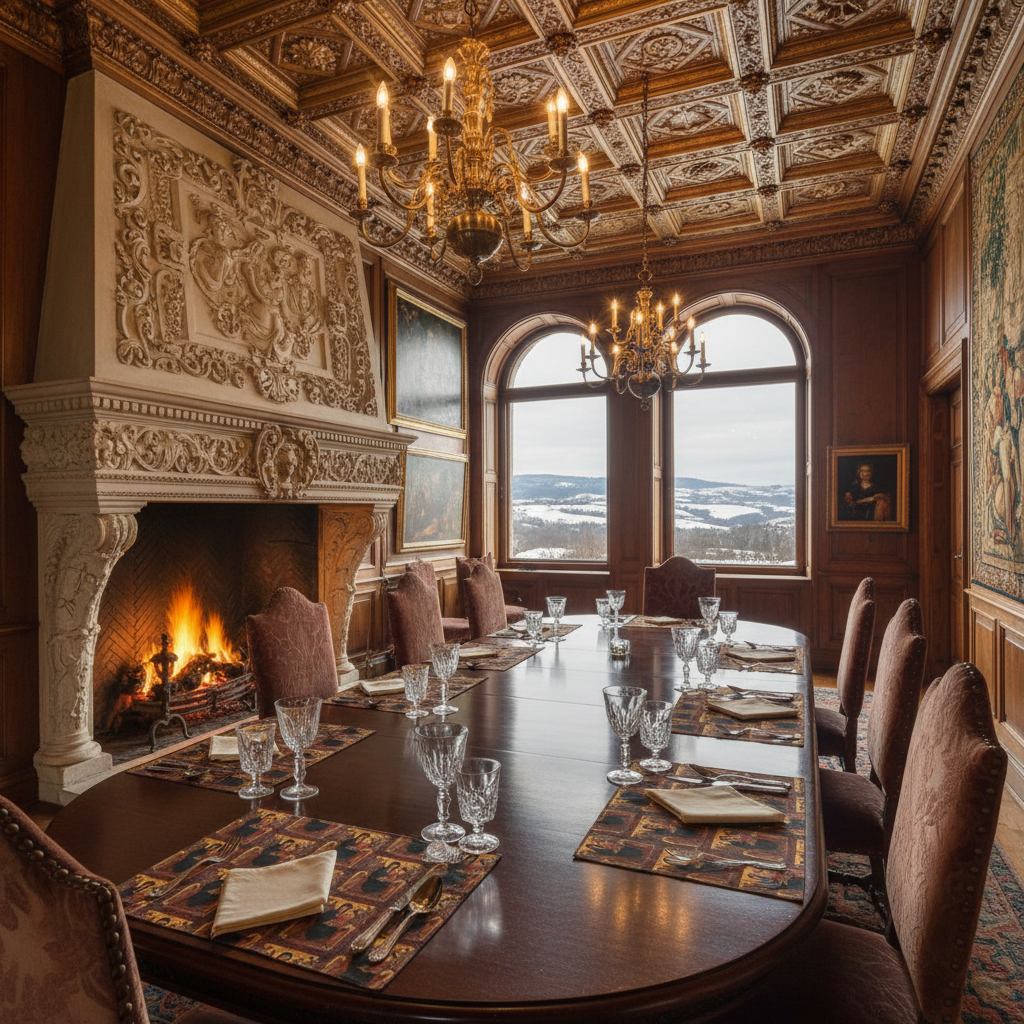 Renaissance dining room with clearly visible Madonna and Child placemats, snow-covered hills view and fireplace