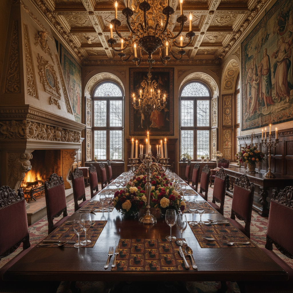 Renaissance dining room with Madonna and Child placemats, candelabra and flowers, no napkins