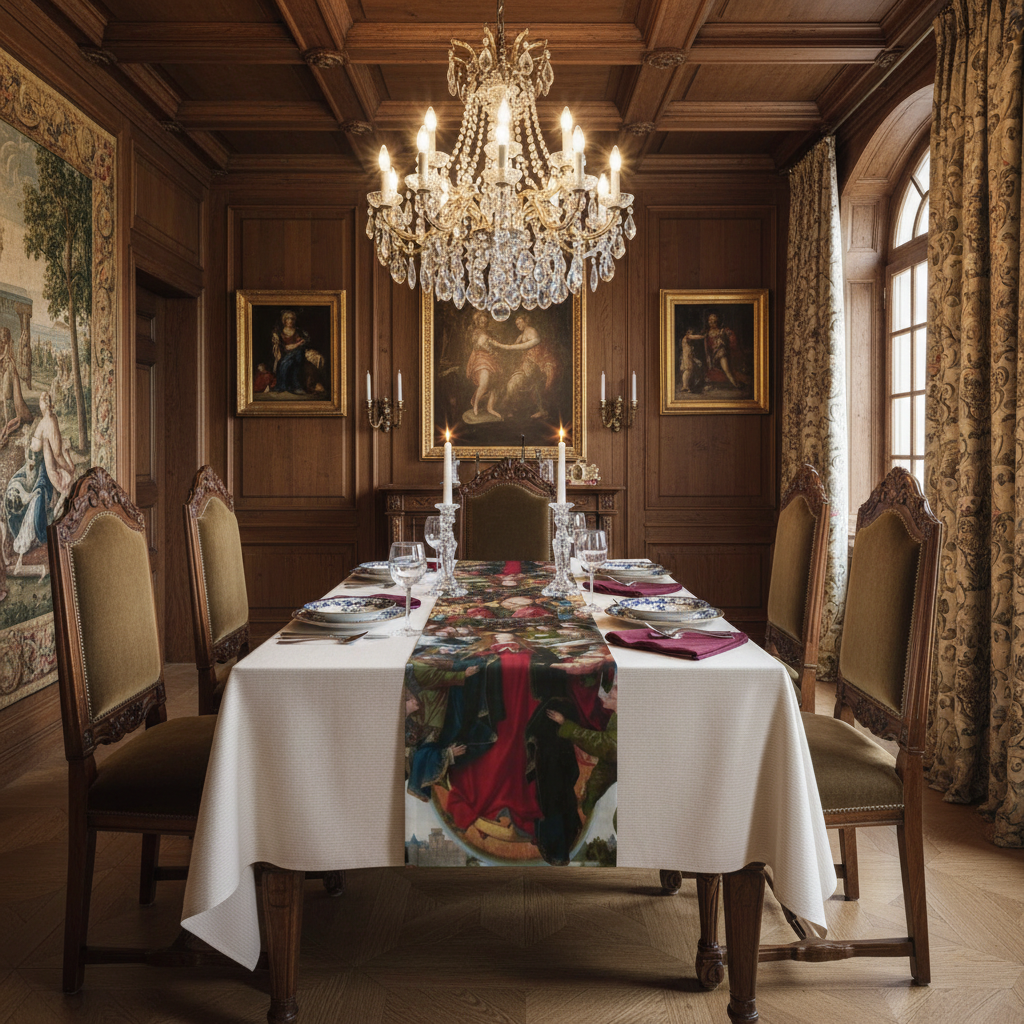 Renaissance dining room with unobstructed Mary, Queen of Heaven runner on square table