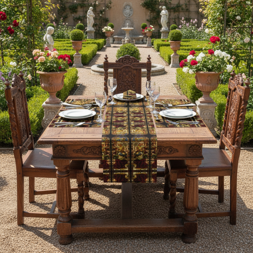Renaissance garden with Angel of the Annunciation collection on ornate carved antique table