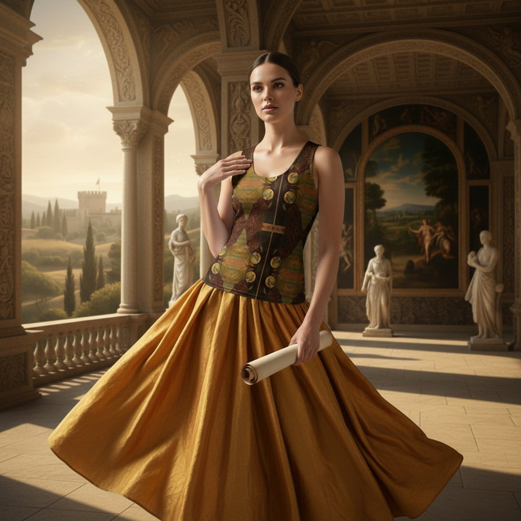 Renaissance-inspired lifestyle image with golden skirt