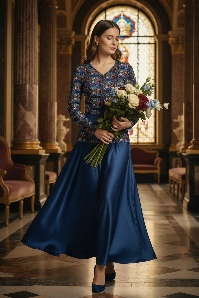 Renaissance lifestyle image with v-neck shirt - flowers to side