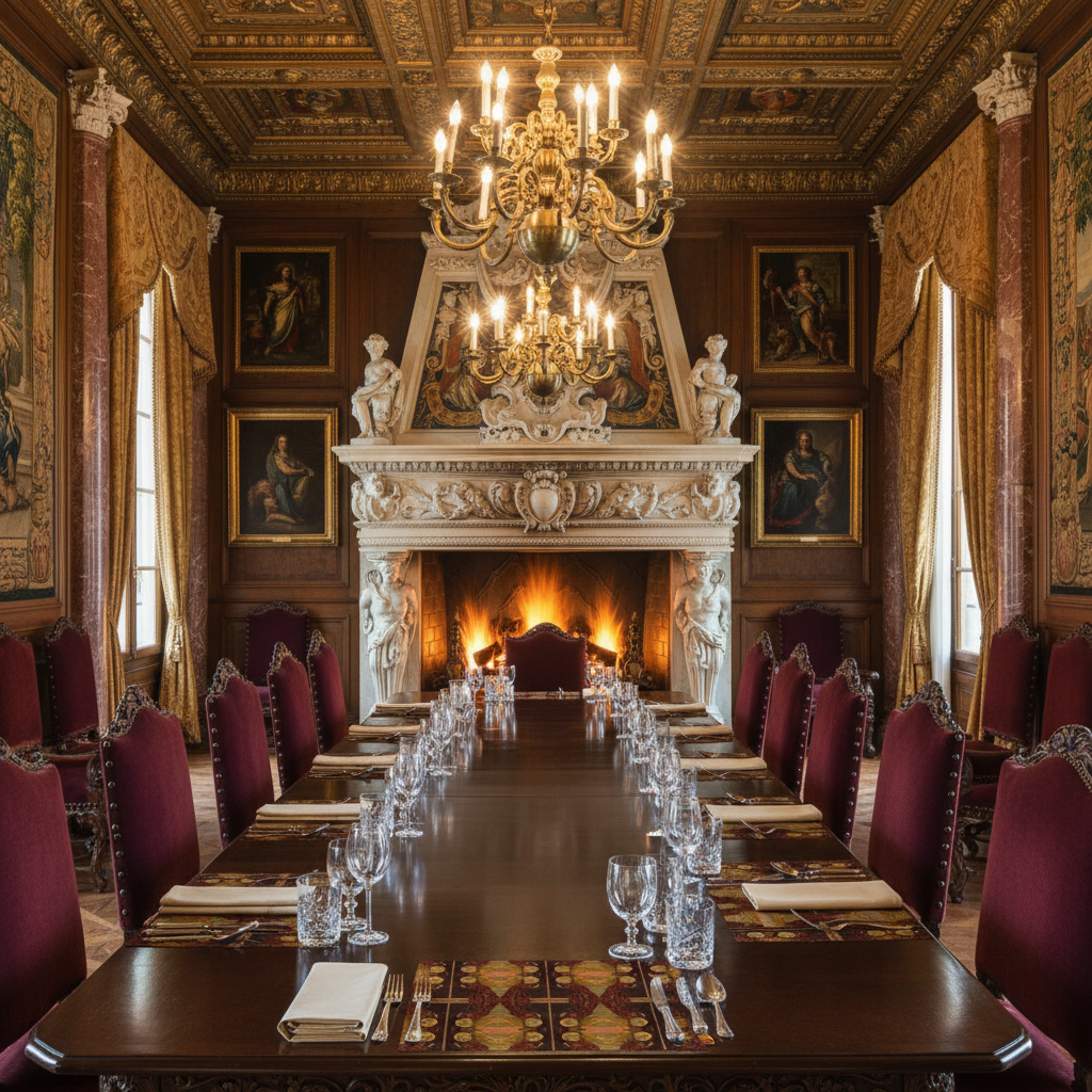 Renaissance palace with Archangel Gabriel placemats and clear view of roaring fire