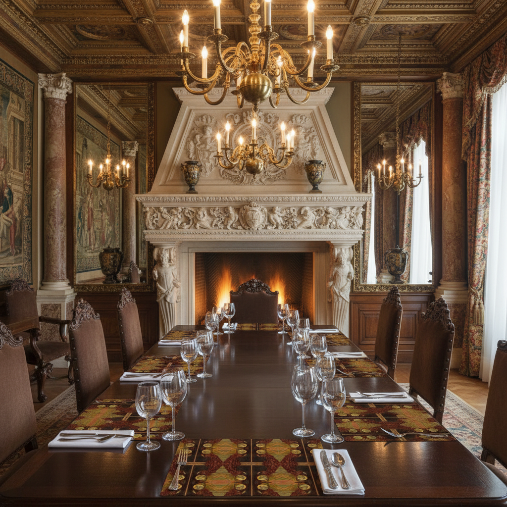 Renaissance palace with Archangel Gabriel placemats, napkins to the side