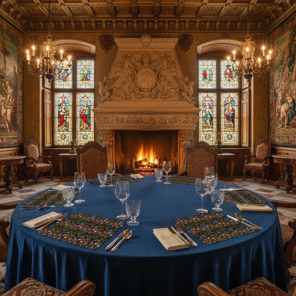 Renaissance palace with fully visible Angels Swinging Censurs placemats, no napkins on top