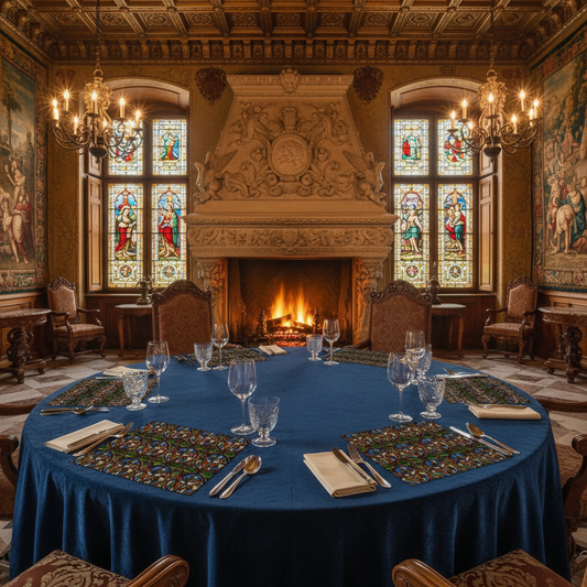 Renaissance palace with fully visible Angels Swinging Censurs placemats, no napkins on top