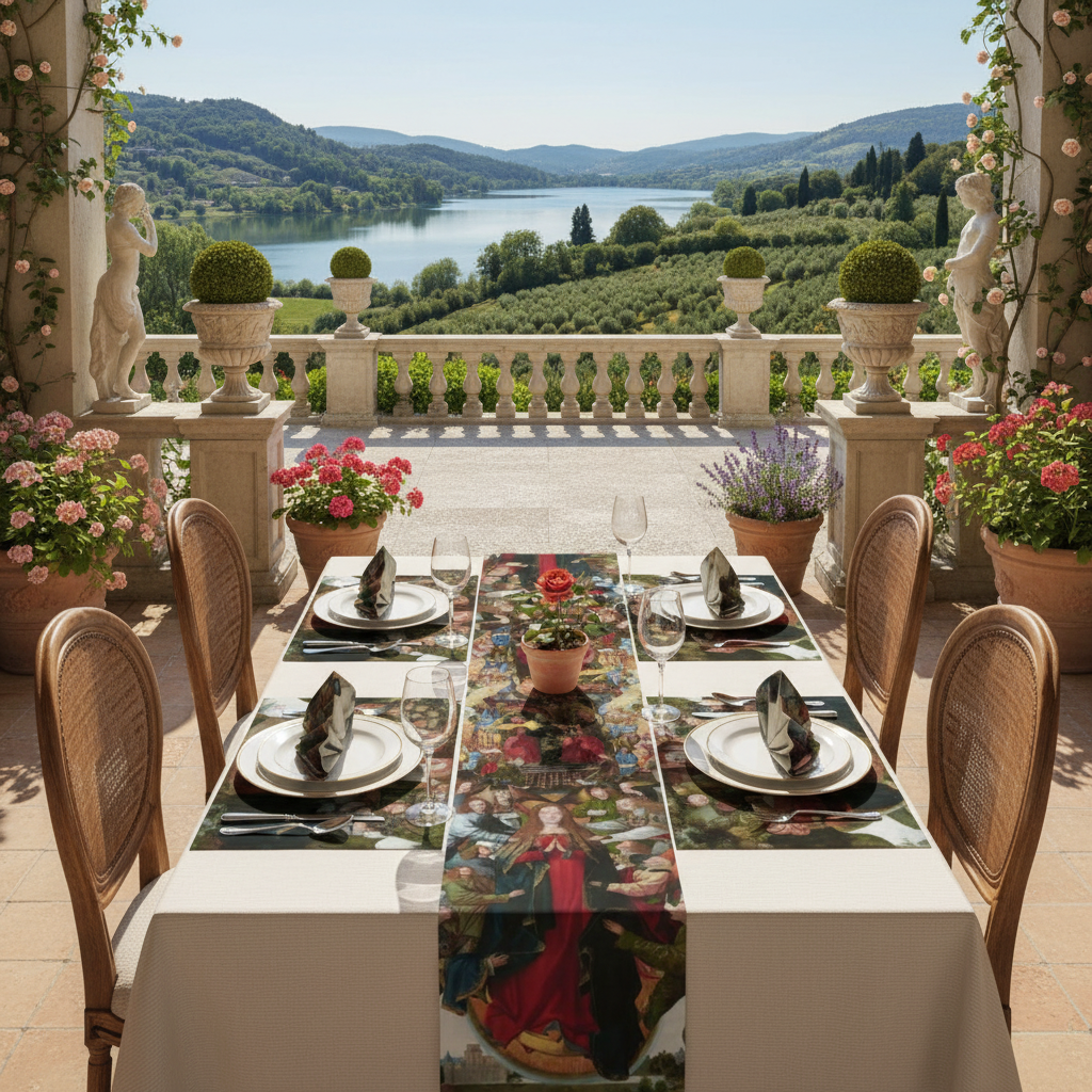 Renaissance terrace with exact Mary, Queen of Heaven collection napkins