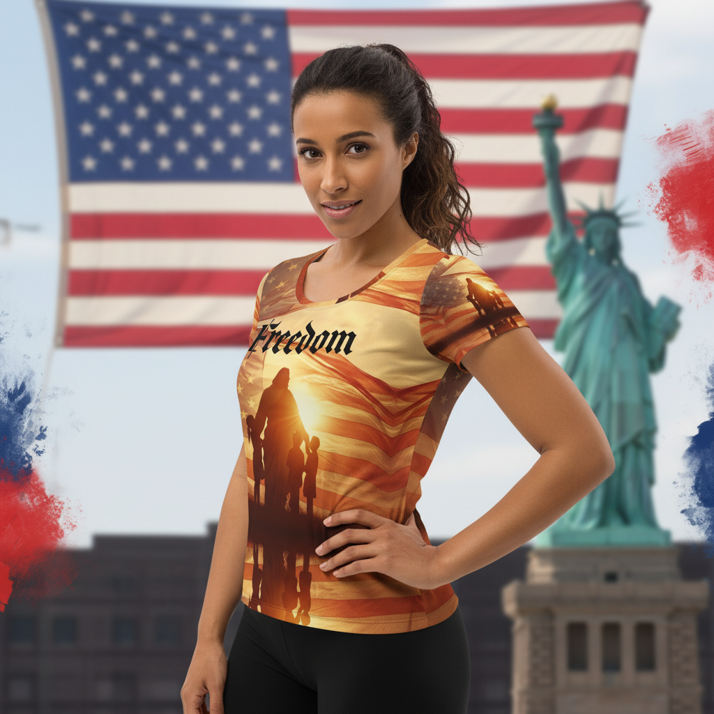 Right side view of model wearing Freedom shirt
