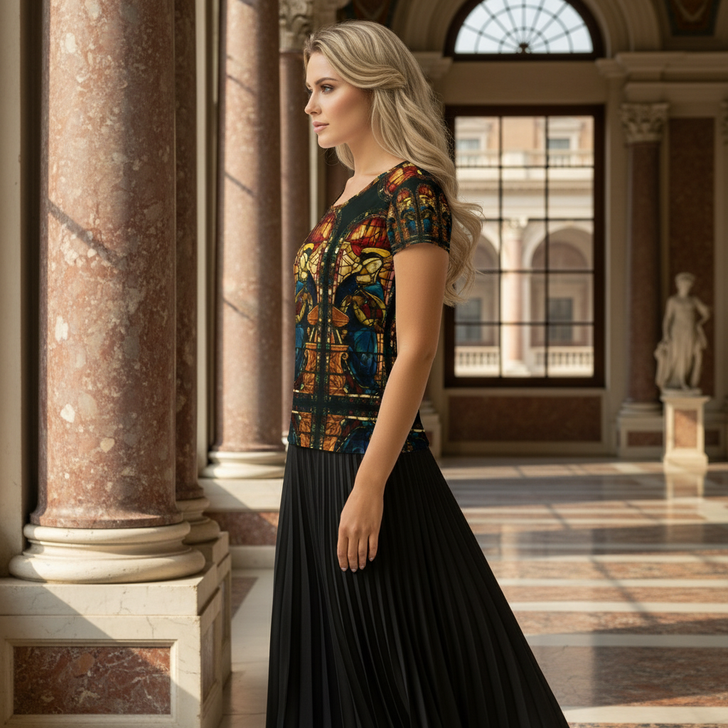 Right Side View with Black Pleated Skirt