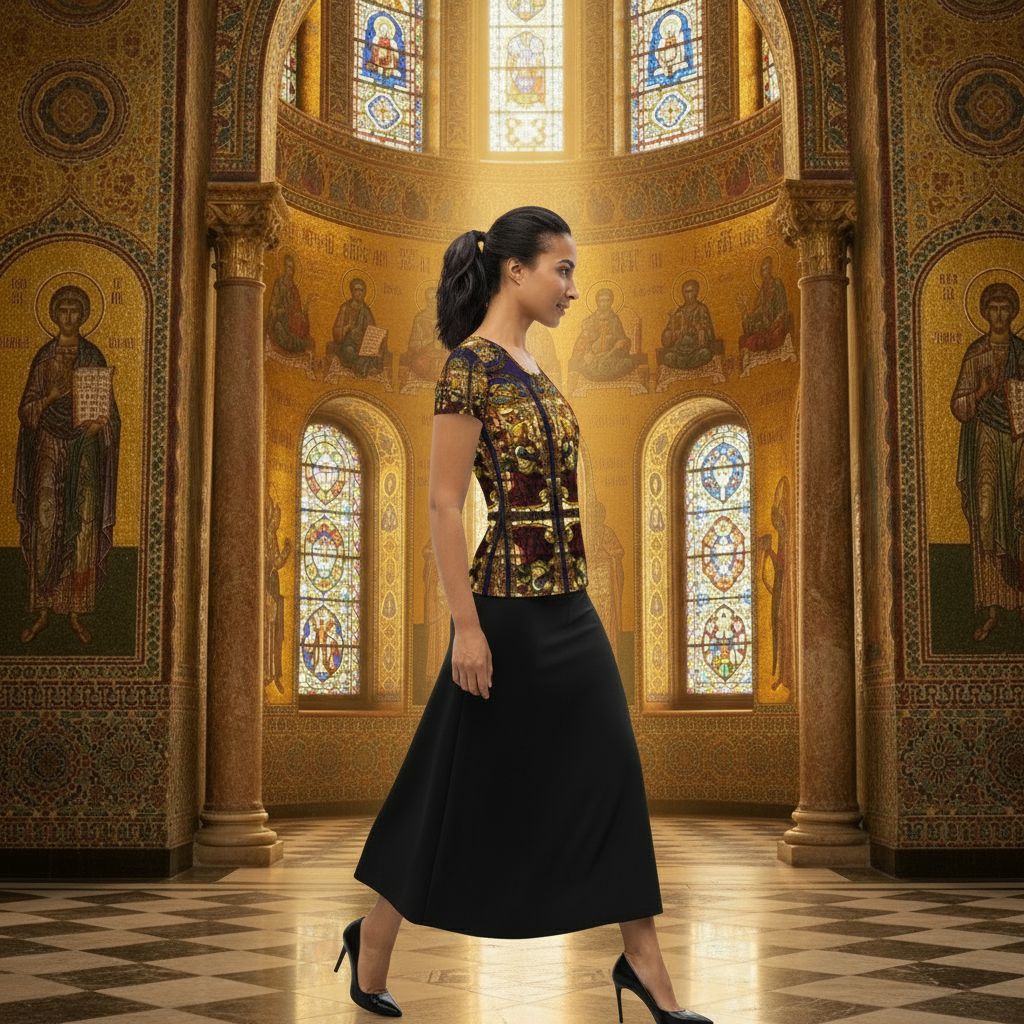 Right Side View with Sleek Black Long Skirt