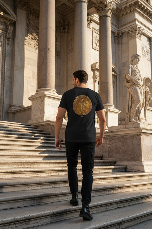Roman man wearing Minerva t-shirt, rugged black slacks and black boots - back view walking up steps of Roman building