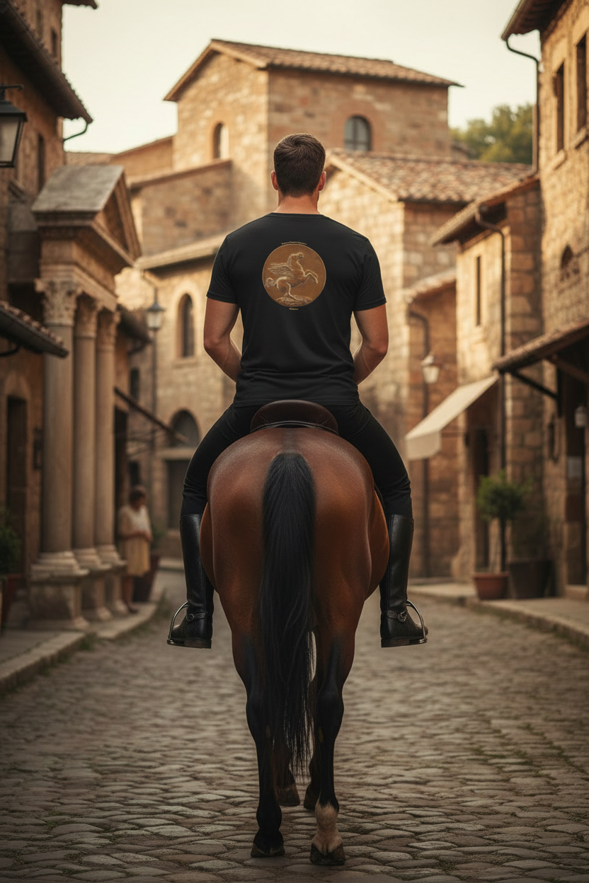 Roman man wearing Pegasus on the Fountain Hippocrene t-shirt, black rustic pants and boots - back view riding horse away in Roman village