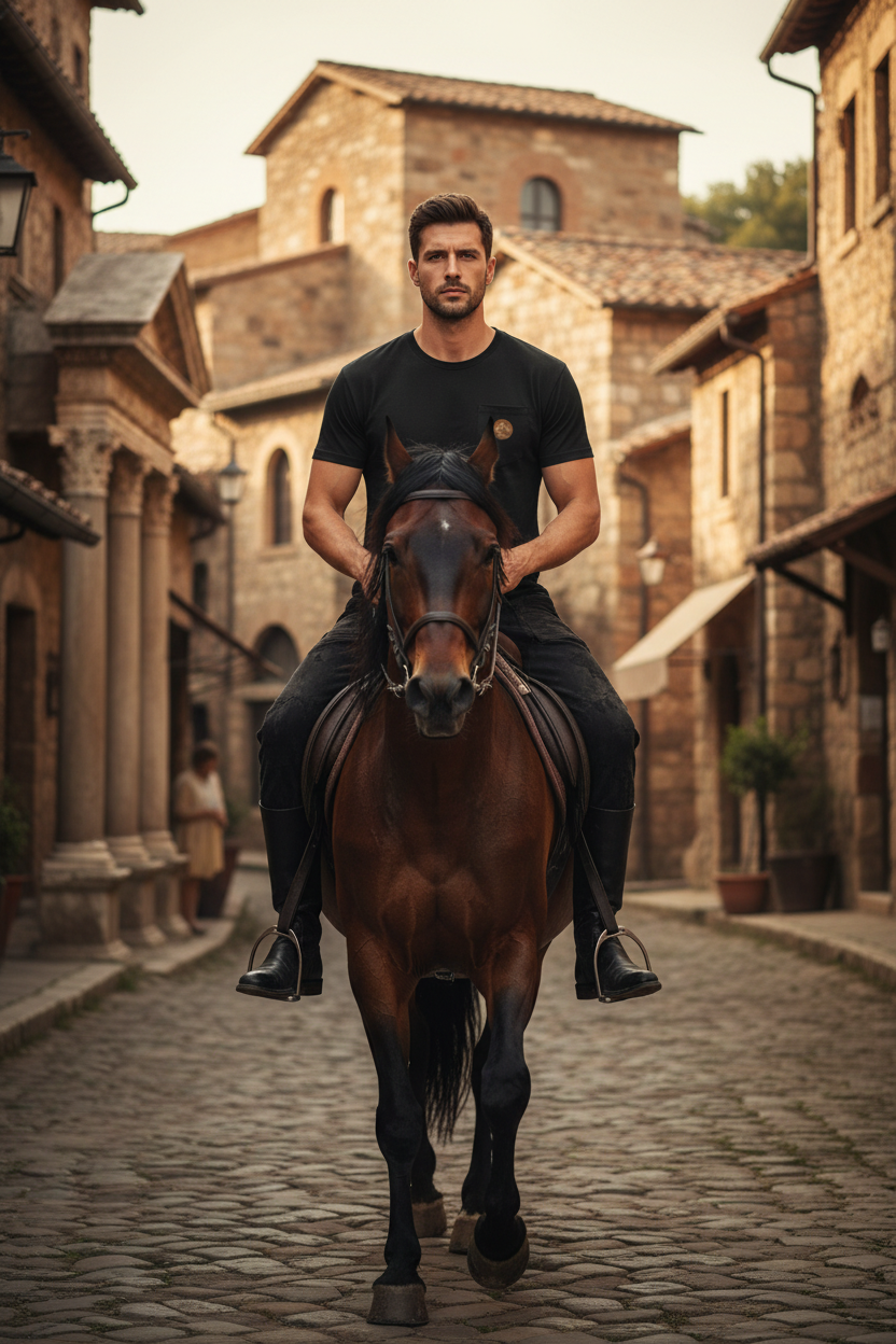 Roman man wearing Pegasus on the Fountain Hippocrene t-shirt, black rustic pants and boots - front view riding horse toward camera in Roman village