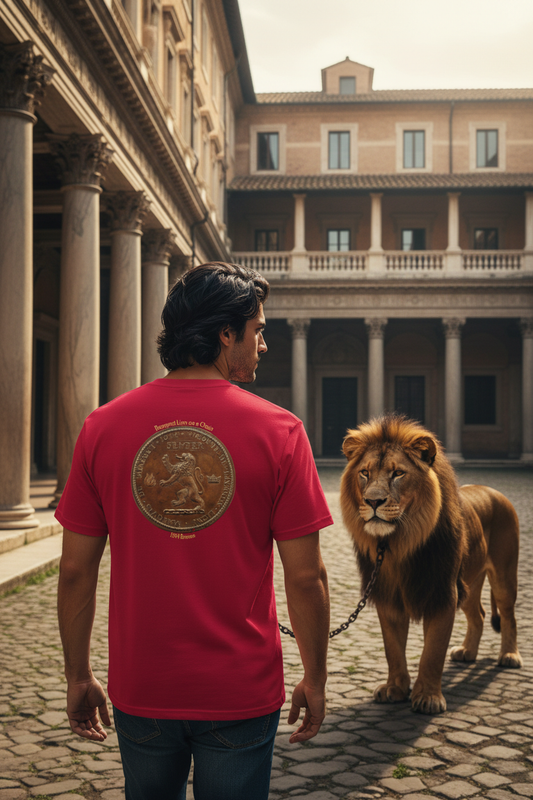 Roman man with black hair wearing Rampant Lion on a Chain t-shirt - back view looking at lion with single chain in Roman courtyard