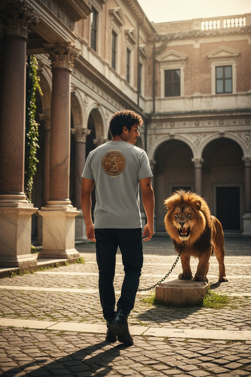 Roman man with black hair wearing Rampant Lion on a Chain t-shirt with exact back design, black rugged pants and boots - looking at angry lion on chain in Roman courtyard