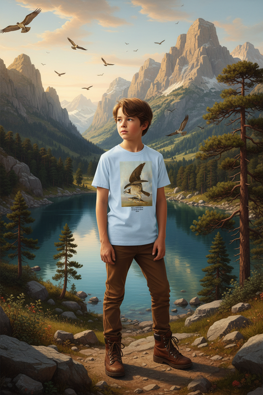 Rugged boy youth in Renaissance mountain setting with lake and birds