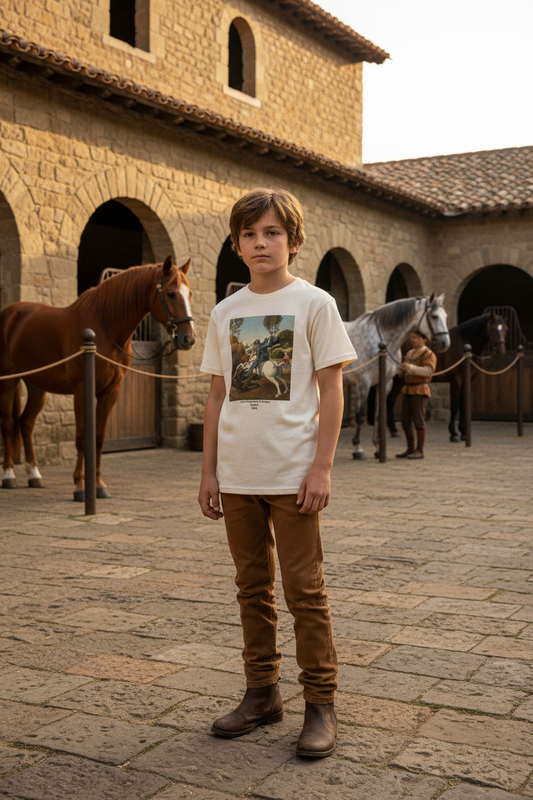Rugged boy youth in Renaissance setting with horses - St. George and the Dragon tee