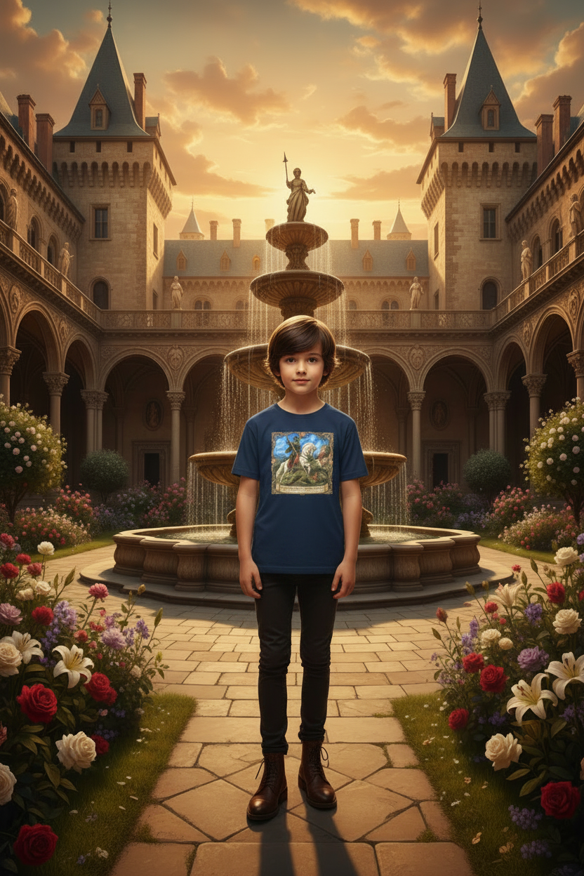 Saint George Youth Tee – Younger Child in Renaissance Courtyard