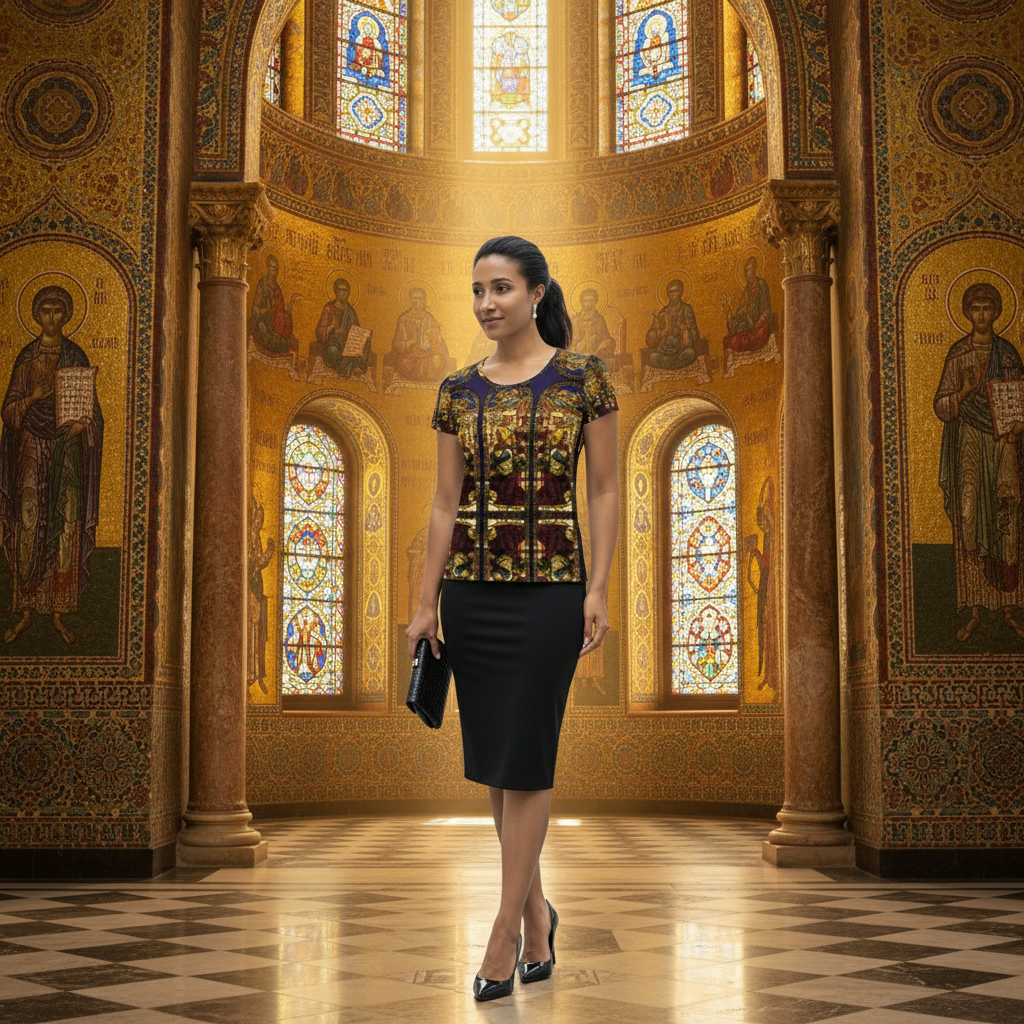 Same model in Byzantine setting with complete all-over-print shirt