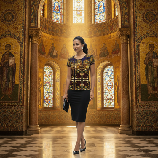 Same model in Byzantine setting with complete all-over-print shirt