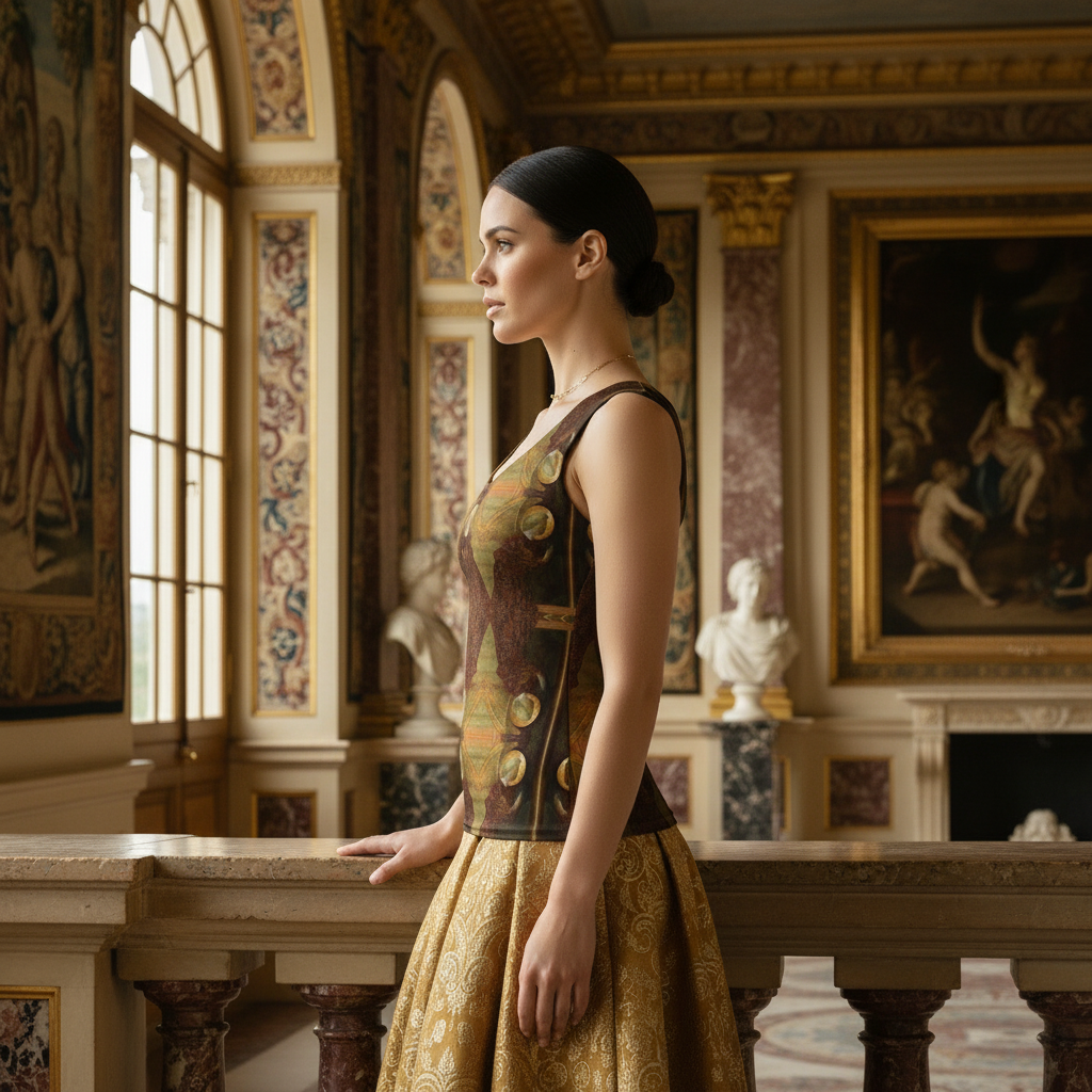 Side-angled lifestyle image with golden skirt