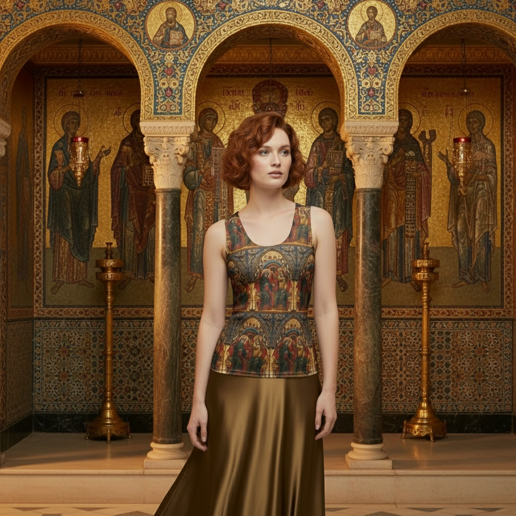 Side position - The Coronation of the Virgin tank top with golden skirt