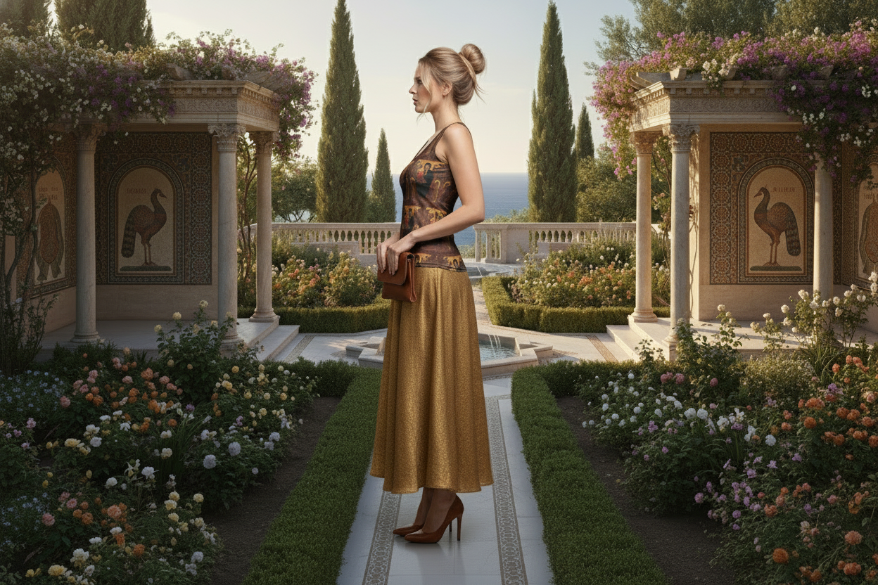 Side profile view of model in Byzantine garden