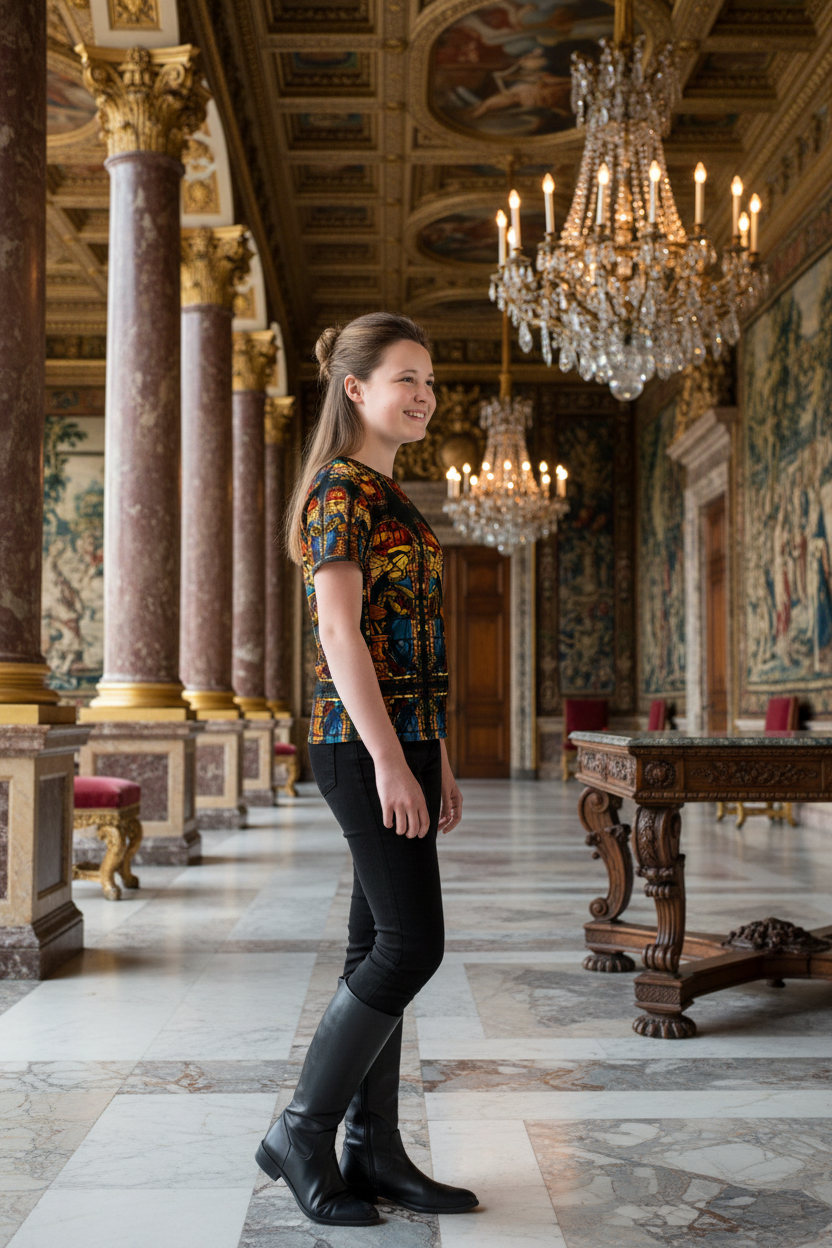 Side view - Girl youth model in The Virgin Annunciate shirt