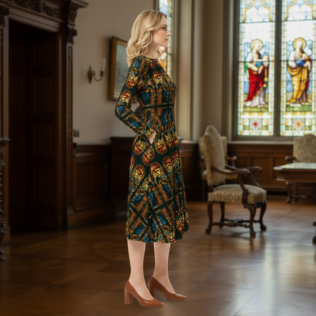 Side view of The Virgin Annunciate dress in mansion