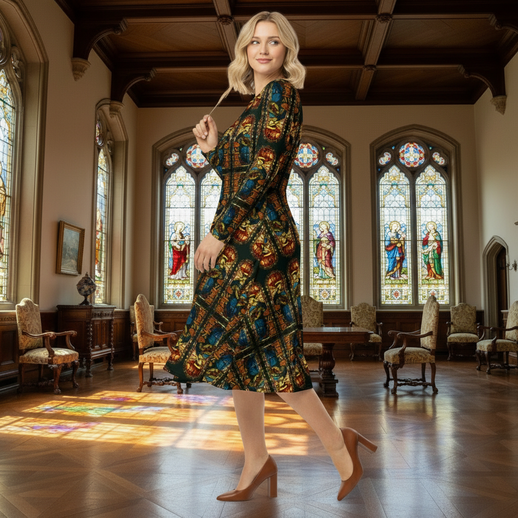 Side view of The Virgin Annunciate dress in mansion