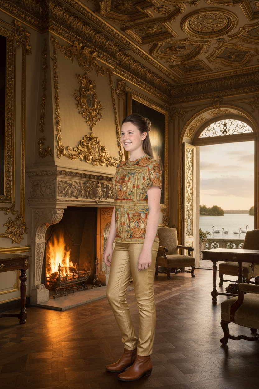 Side view - Youth model in golden slacks and brown boots