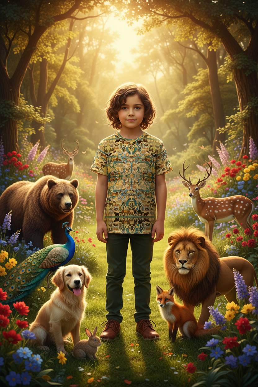 Six year old kid in bright sunny garden with highly realistic animals